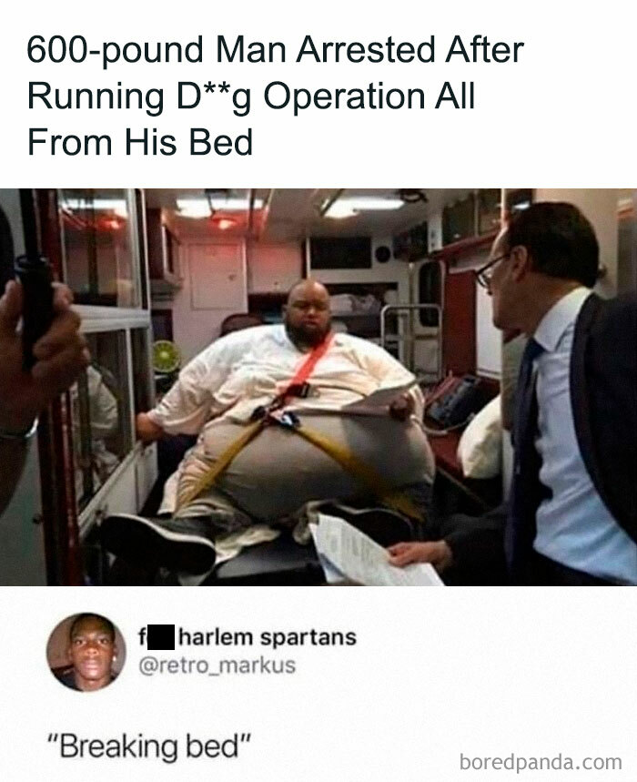 Man in ambulance with a humorous caption about his situation; epitome of random meme.