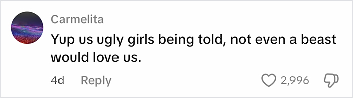 Comment from Carmelita exposing beauty standards in fairy tales with human female and male beast roles.