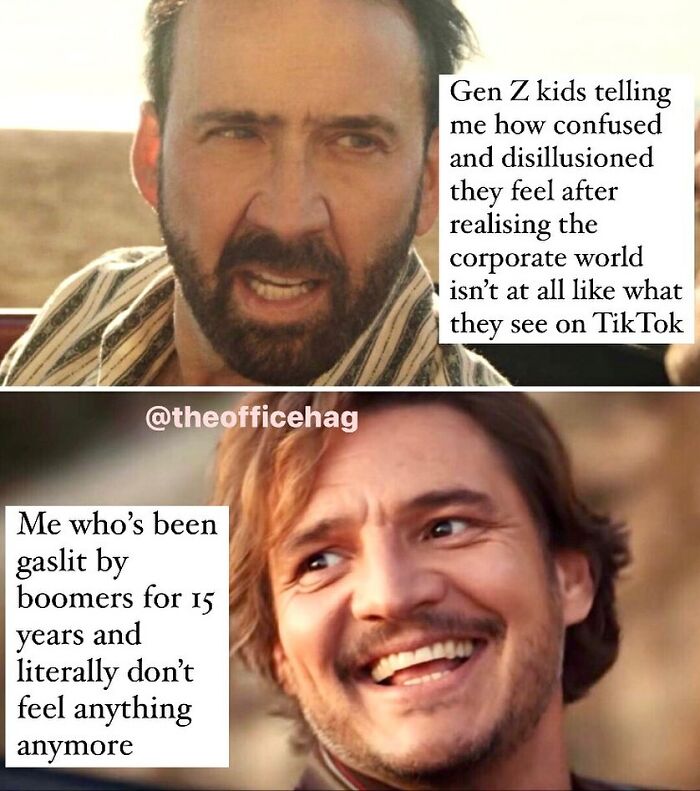 Two people reacting humorously; top shows confusion, bottom showcases indifference. Perfect work meme for struggling employees.