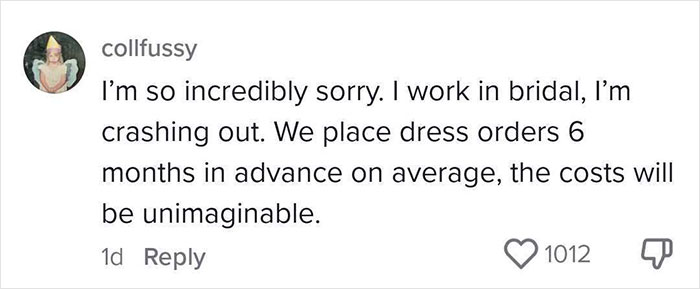 Small business owner in bridal industry worried about new tariffs impacting dress order costs.