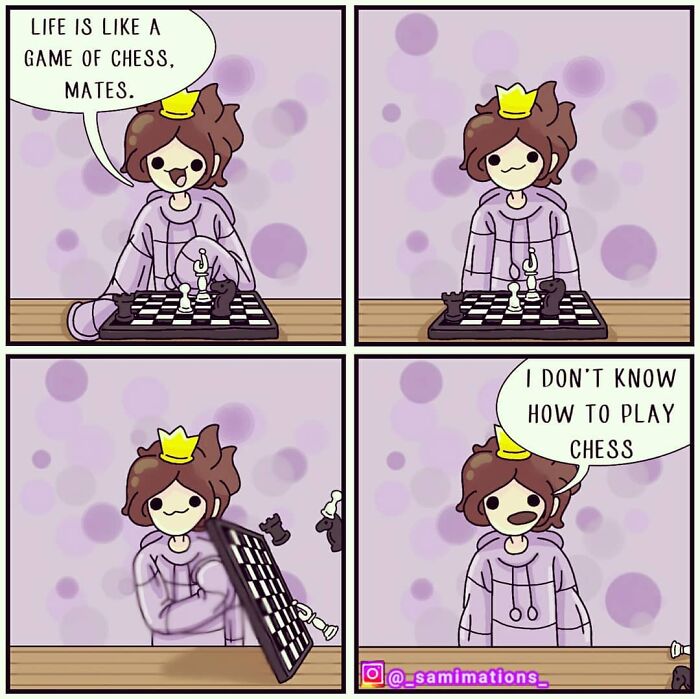 Comic by Bored Panda artist showing a character likening life to chess but admitting they can't play.