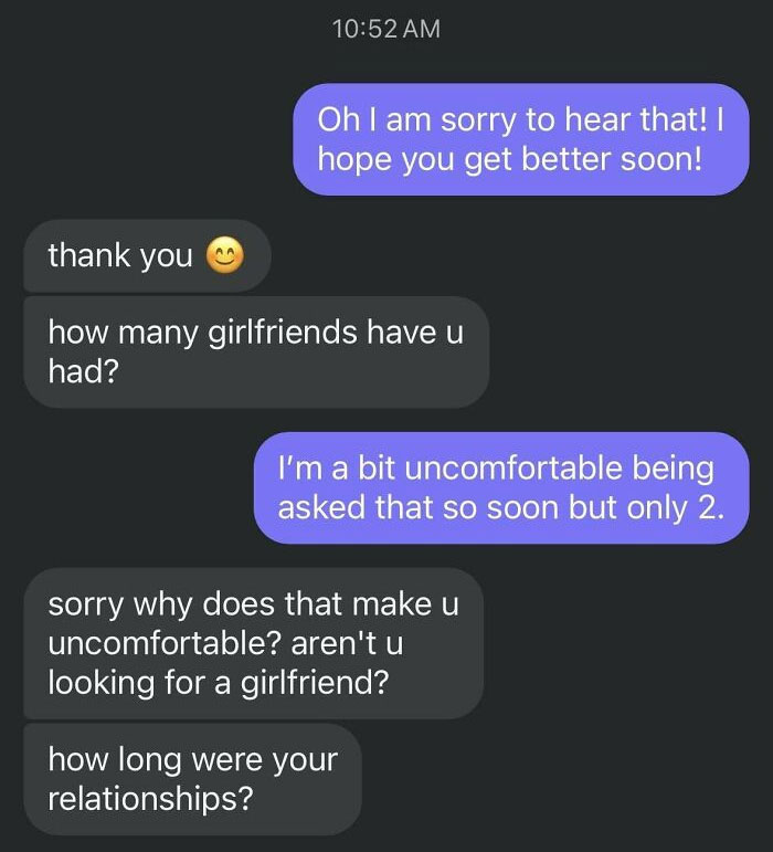 Text exchange about past relationships and dating, showing a mismatch in expectations and comfort levels.
