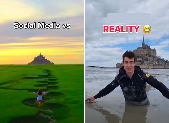 Social media vs reality at Mont Saint-Michel; pristine path vs man standing in muddy water.