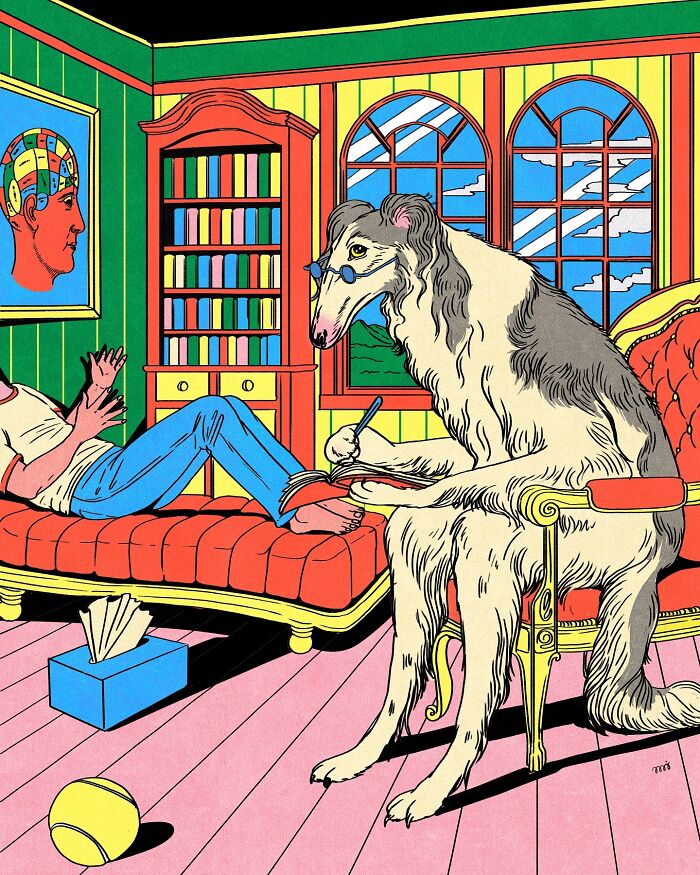 Dog wearing glasses, seated on a chair writing, as a person in blue jeans watches, in a colorful room by María Jesús Contreras.