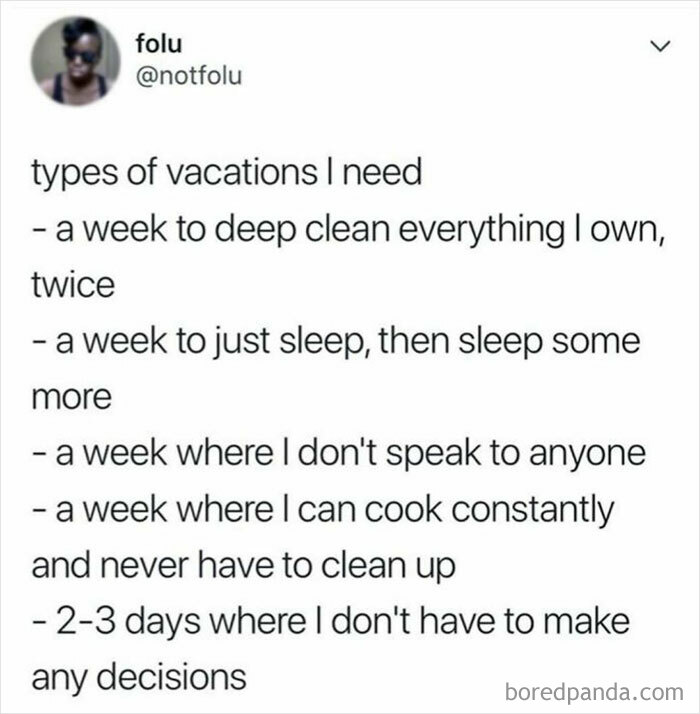 Funny meme about types of vacations needed, including cleaning, sleeping, and avoiding decisions, by user folu.