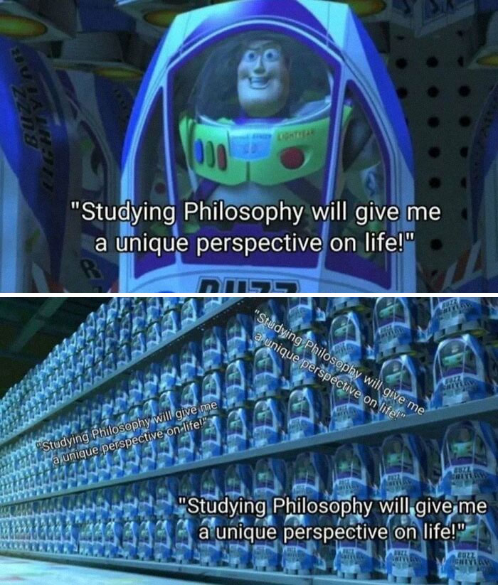 Buzz Lightyear meme humorously depicting repeated philosophy quotes in rows.