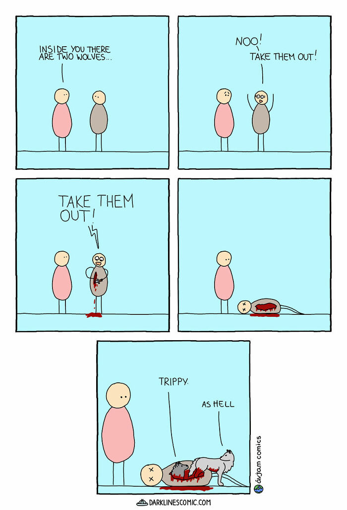 Minimalist comic with dark twist showing two characters discussing wolves inside a person, highlighting dark comics humor.