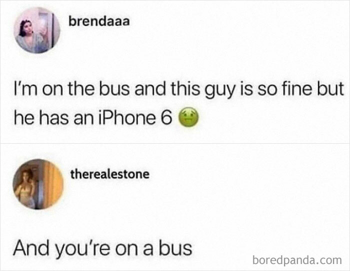 Two users exchange funny remarks about a guy on a bus with an iPhone 6 in a random meme format.