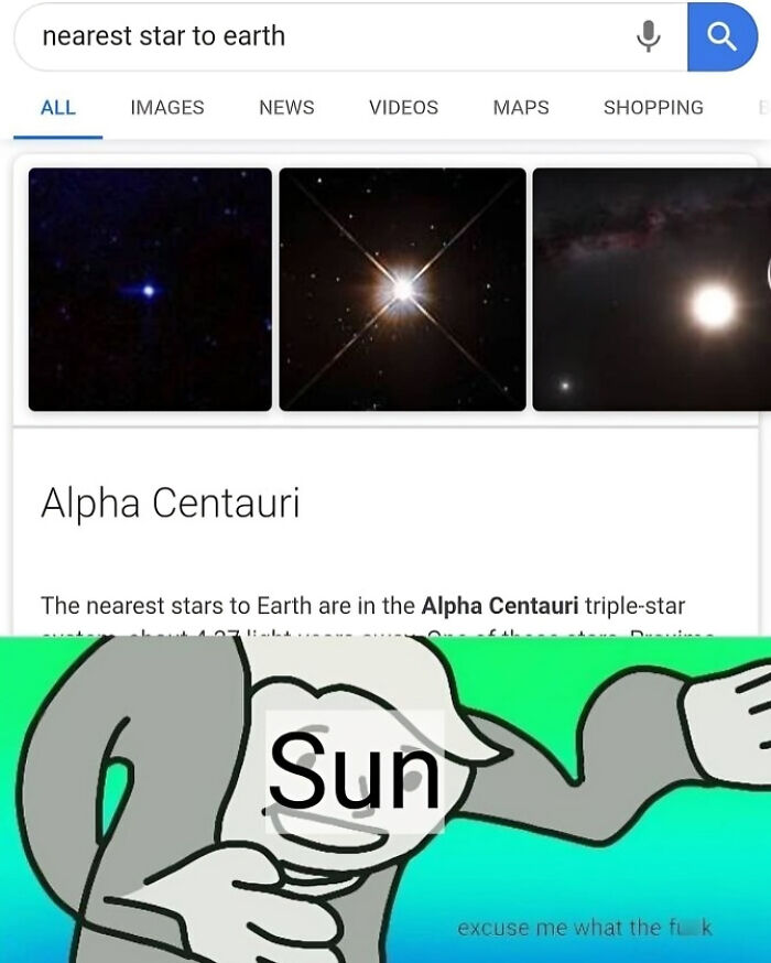 Funny physics meme about the Sun being the nearest star to Earth.