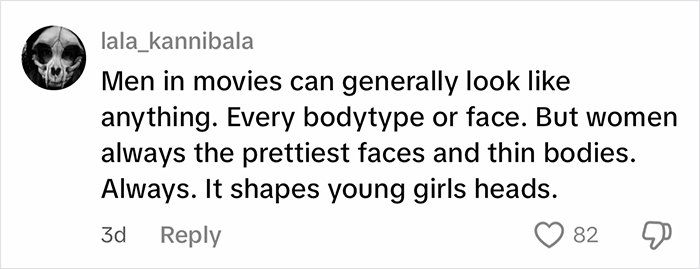 Screenshot of a social media comment discussing how beauty standards in movies shape young girls&rsquo; perceptions of female appearance.