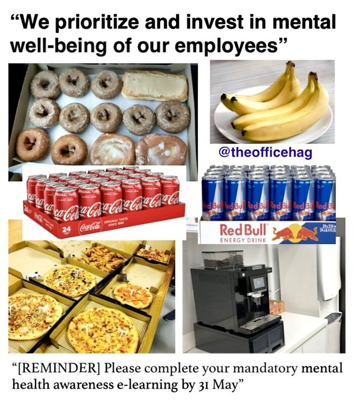 Assortment of donuts, pizza, and energy drinks humorously depicting employee struggles with well-being initiatives.