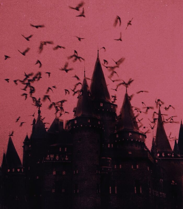 Dark castle with flying birds in a moody sky; dreamy dark escapism photography by Nona Limmen.
