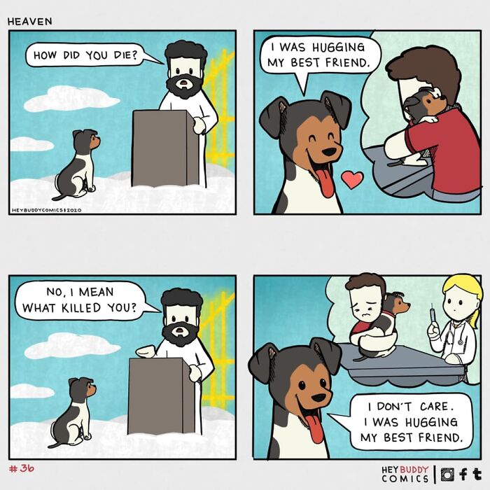 Comic by Bored Panda artists humorously portraying a dog in heaven reflecting on hugging its best friend.