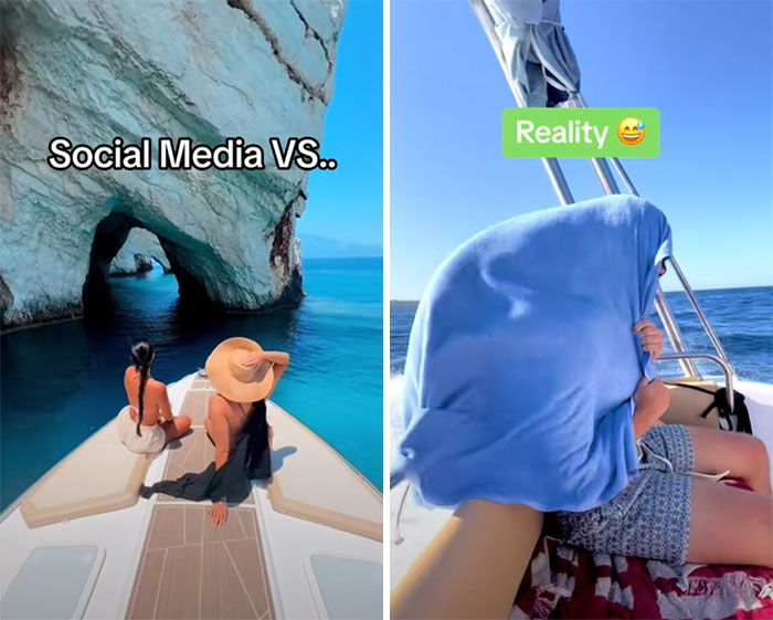 Insta vs. reality on a boat: left shows a scenic pose, right shows a person covered with a towel.