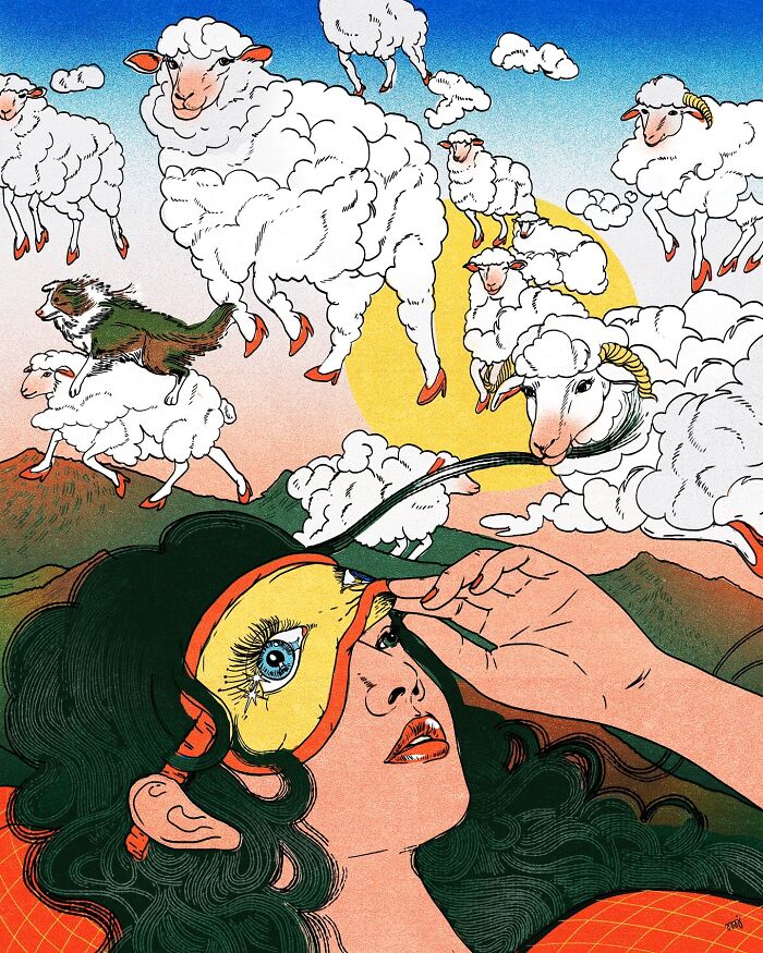 A woman with an eye mask surrounded by flying sheep, a whimsical illustration by María Jesús Contreras.