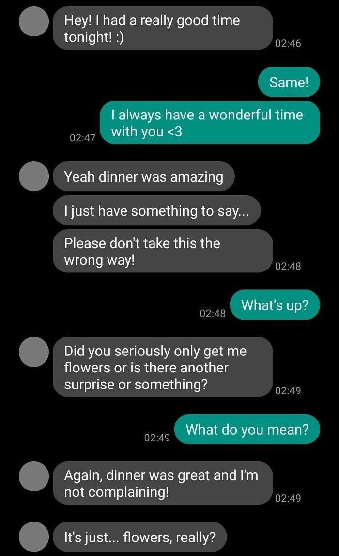 Text conversation showing someone questioning a gift of flowers after a date, needing a reality check.