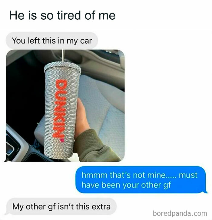 Funny text exchange about a glittery Dunkin' cup left in a car, highlighting a humorous relationship meme.