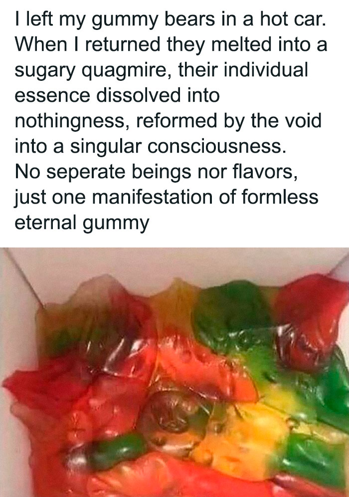 Melted gummy bears in a box, forming a colorful, formless mass; a humorous take on existential philosophy.