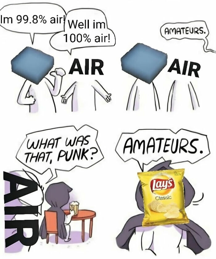 Funny physics meme with air characters claiming superiority, mocked by a person holding a bag of chips labeled "amateurs."