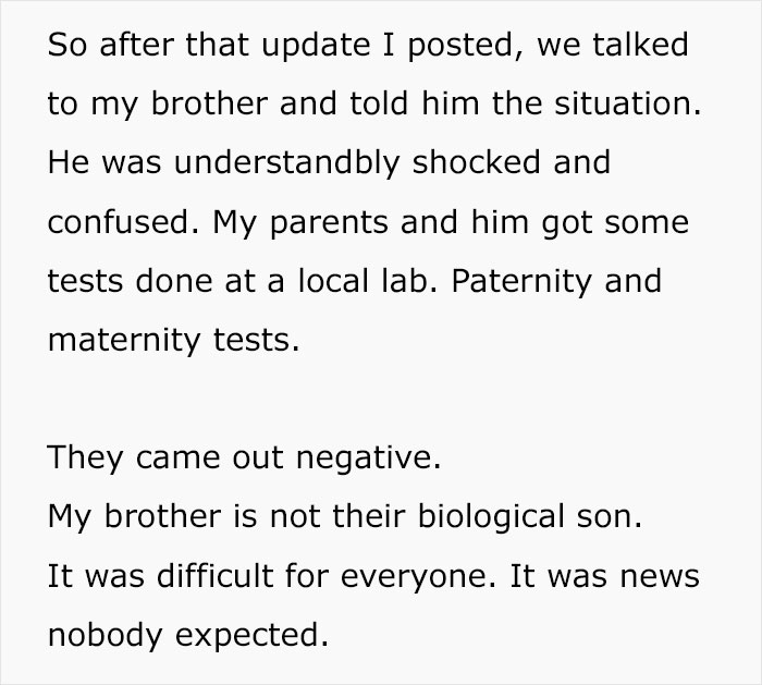 Shocked woman reads unexpected family DNA results revealing her brother is not a biological son.