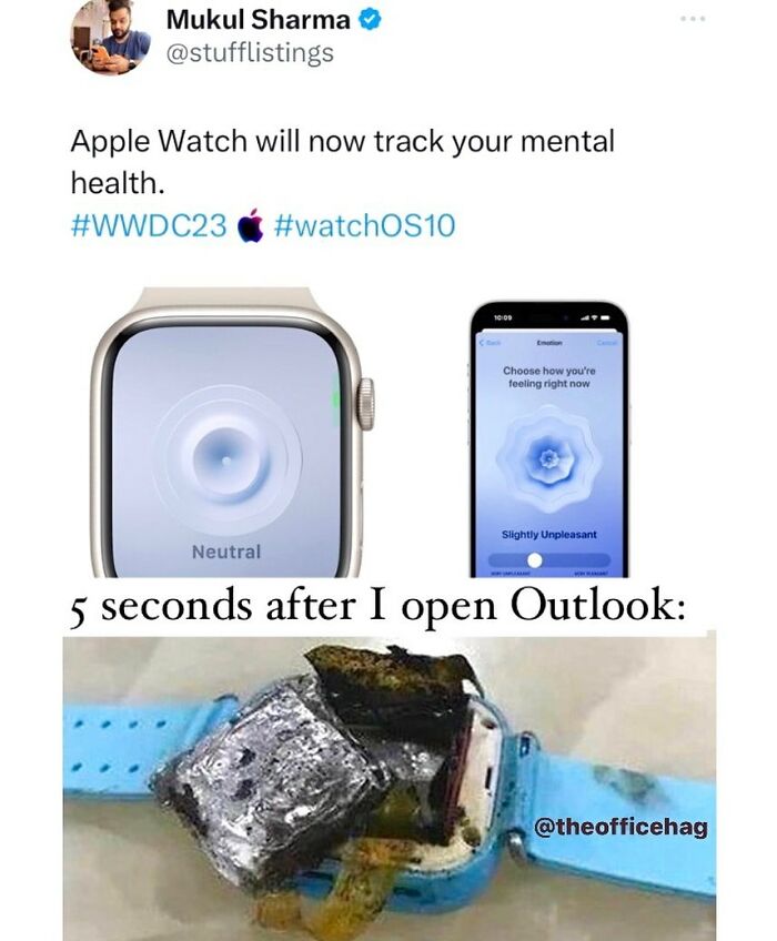 Apple Watch tracking emotions meme for struggling employees humor.
