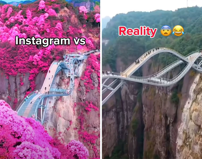 Instagram vs. Reality: A vibrant pink landscape compared to its natural view, highlighting the truth behind perfect photos.