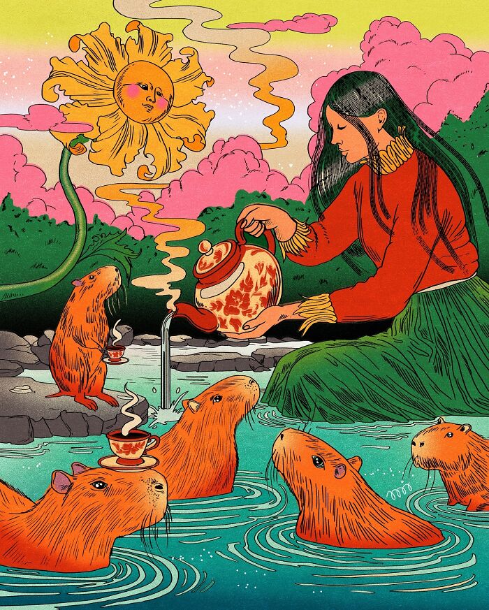 Woman in vibrant illustration pouring tea for capybaras in a colorful landscape with a smiling sun.