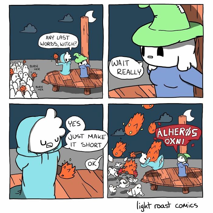 Comic panels depict a witch and executioner with a dark twist, illustrating a humorous yet grim scene at a public e*******n.