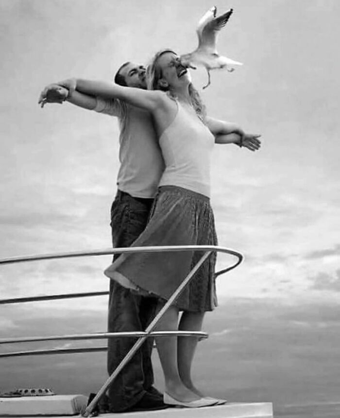 Black and white street photo of a couple on a boat with a seagull flying near the woman's face at sunset.