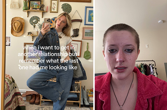 Two images show a person's appearance single vs. in a relationship; the first is stylishly dressed, the second with a natural look.