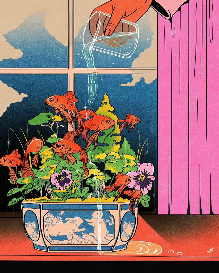 Goldfish in a vibrant bowl with plants, water poured from a hand. Colorful, humorous illustration by María Jesús Contreras.
