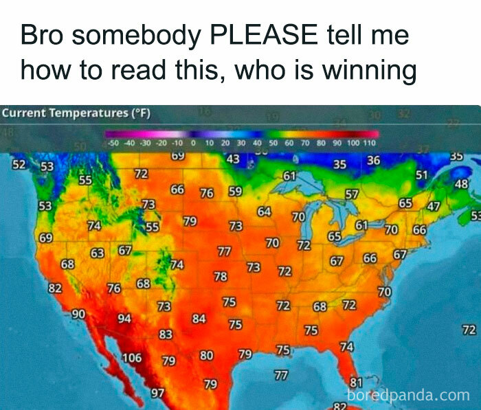 Map meme with temperatures across the U.S., captioned humorously.