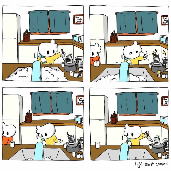 Comic character washing dishes with a dark twist, showcased in funniest comics with dark twists collection.