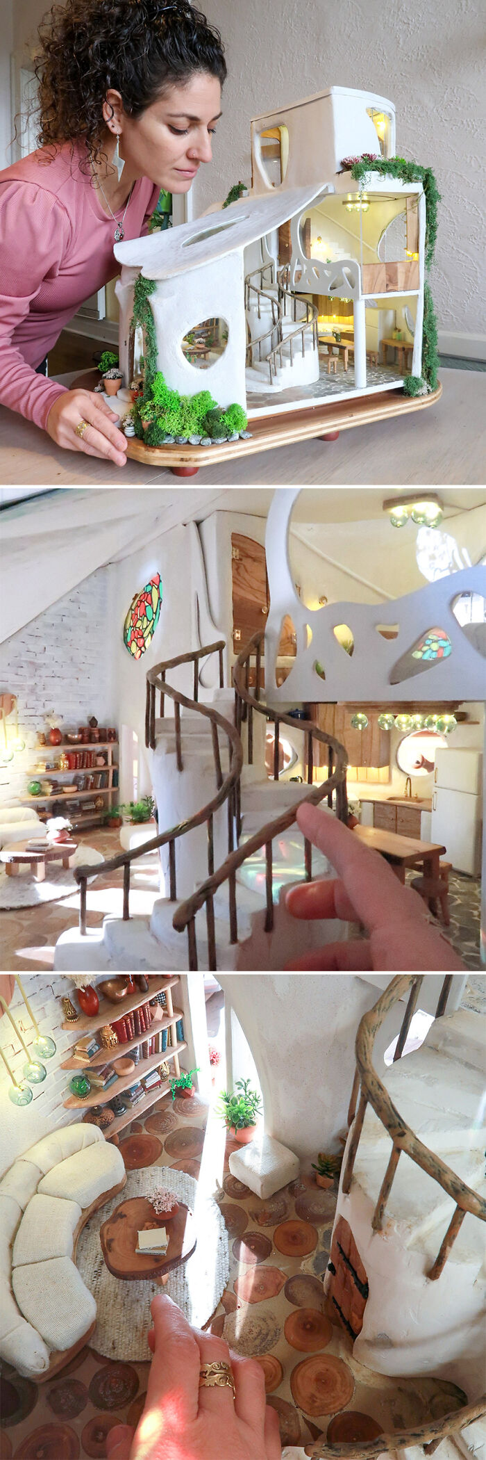 Tamar Cohen examining a detailed miniature house model featuring intricate interior designs and spiral staircase.