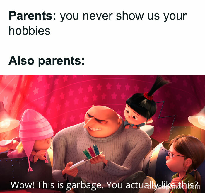 Animated meme showing a contradictory parent reaction with children, epitomizing random humor.