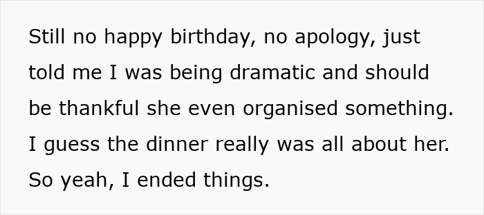 Text image about a birthday dinner conflict and lack of apology.
