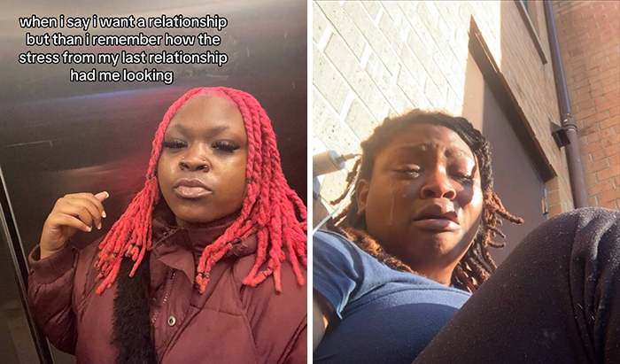 Person with red braids looking confident vs. same person stressed and teary outside, highlighting single and relationship dynamics.