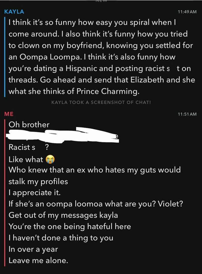 Text conversation screenshot with a heated exchange between two people, discussing relationships and accusations.