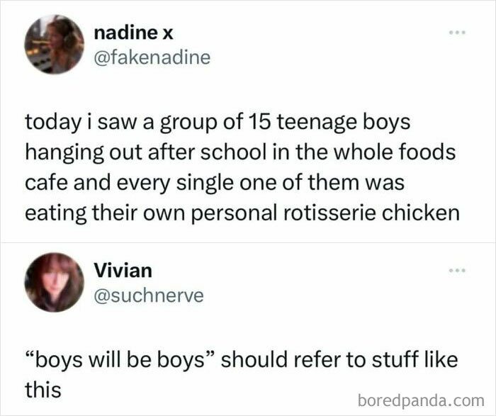Two tweets on side-splitting memes: teens eating rotisserie chicken, humorous take on behavior.