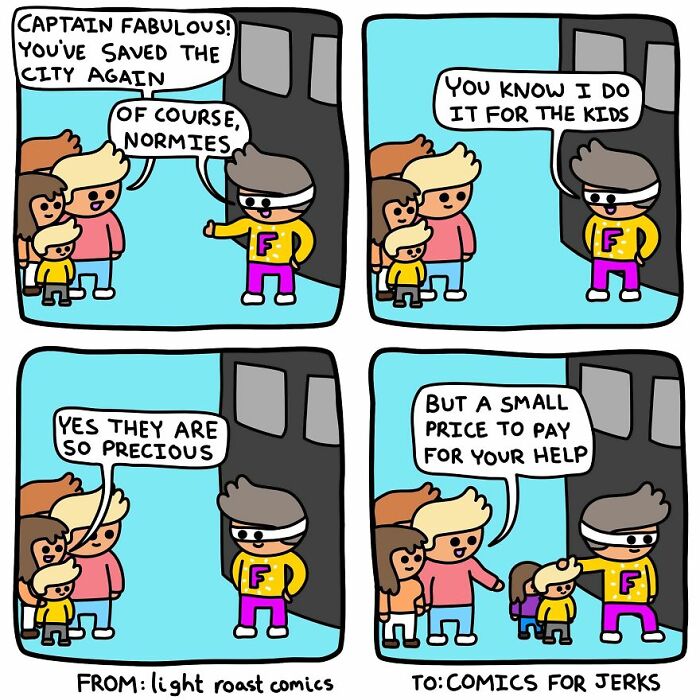 Comic superhero praised by family says he saves the city for kids in a funny comic with dark twists.