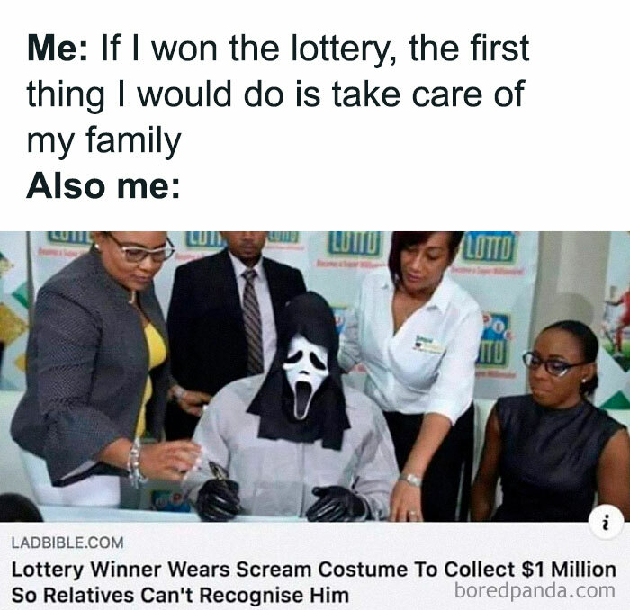 Lottery winner in Scream costume receiving prize with expressionless attendees; a humorous depiction epitomizing random memes.