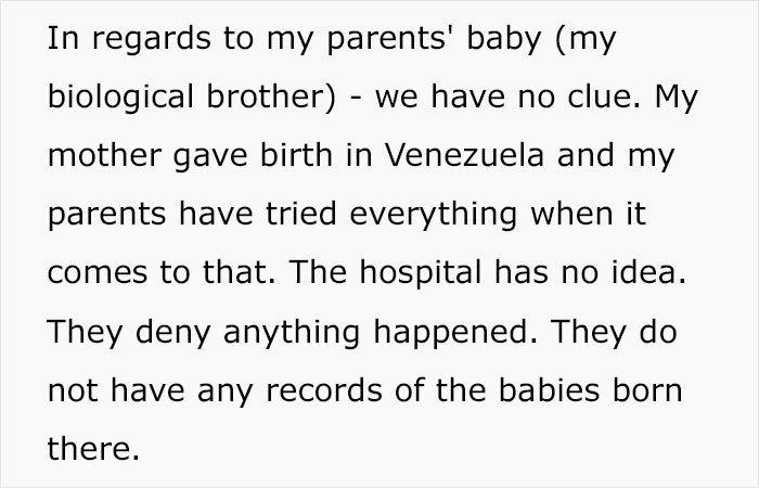 Text about parents' baby born in Venezuela with missing hospital records, part of a family DNA results shock.