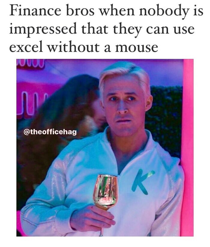 Struggling employee meme showing a man in a white jacket holding a shiny glass, looking unimpressed.