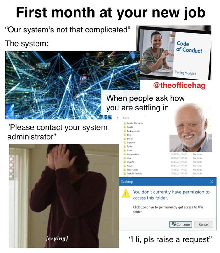 Meme about struggling employees adjusting to complex work systems, featuring humorous loading screens and relatable expressions.