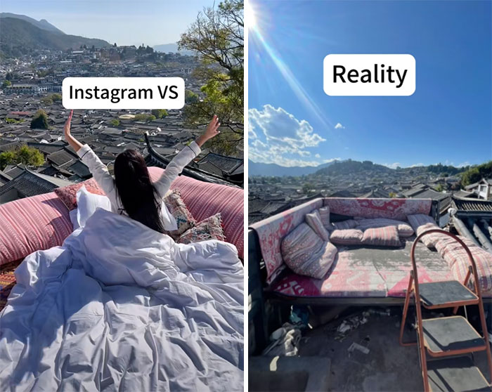 Instagram vs. reality comparison of a rooftop bed with scenic view versus messy setting.