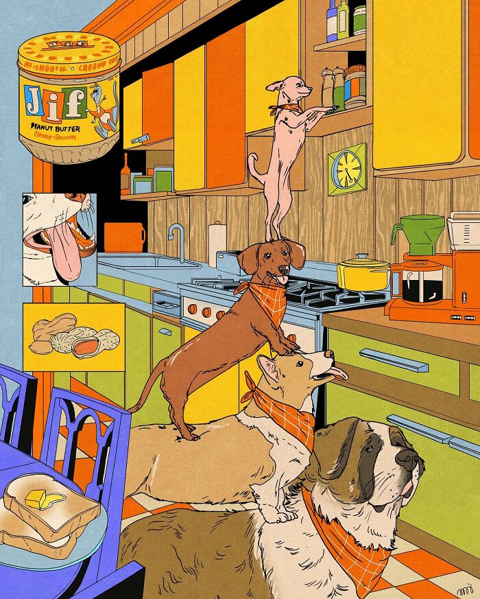 Dogs balancing in a kitchen, reaching for peanut butter, in a vibrant and humorous illustration by María Jesús Contreras.
