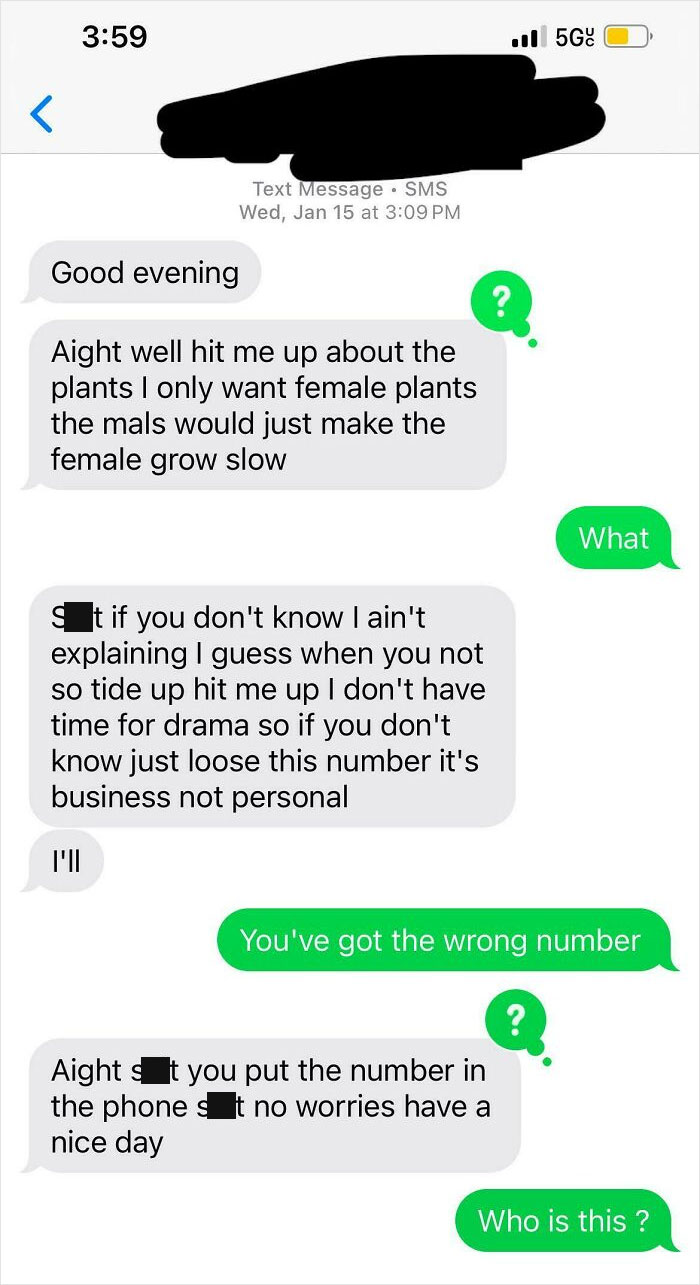 Confused text exchange about plants, wrong number mix-up.