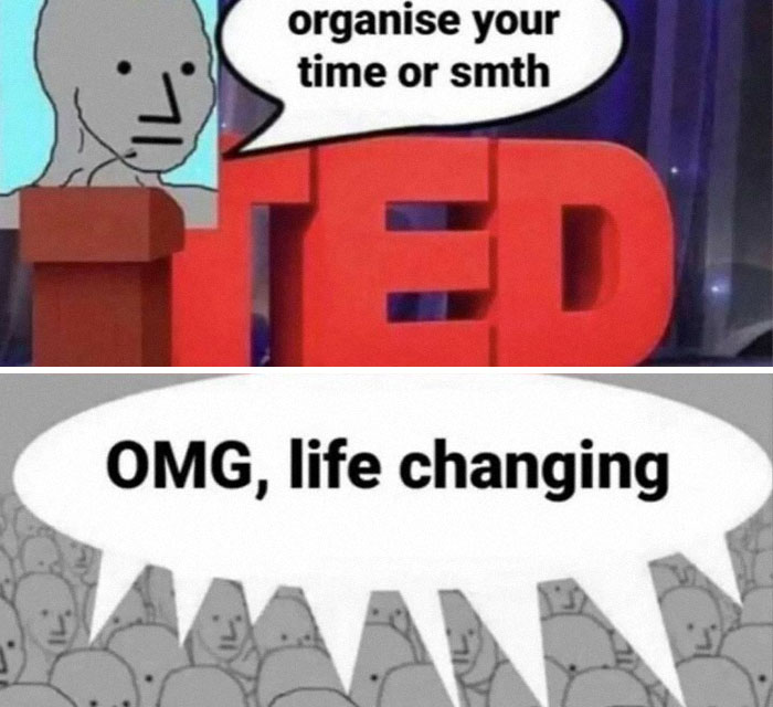 Philosophy meme featuring simplistic figure on stage with audience reaction.