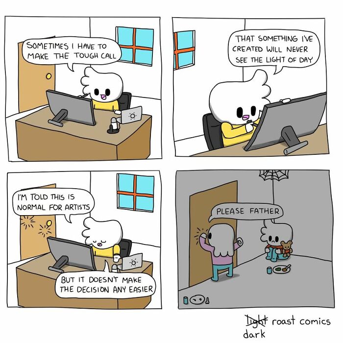 Comic character struggles with dark twists while creating art, reflecting on tough decisions common in dark twist comics.