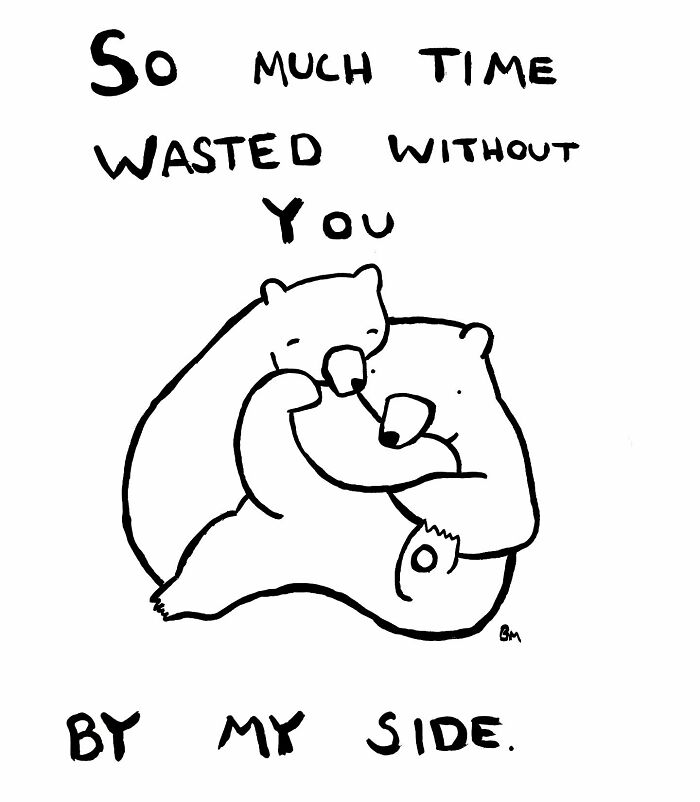 Two bears hugging with text illustrating feelings of missing someone, drawn by Billy Murphy.